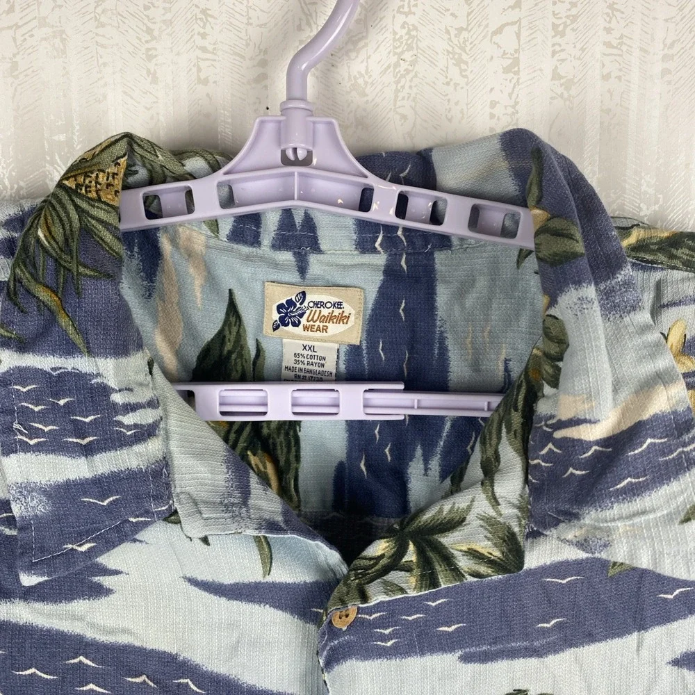 Cherokee Waikiki Wear Button Down Shirt Mens‎ Size XXL Blue Floral Short Sleeve